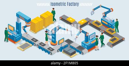 Modèle d'usine industriel isométrique avec bras robotisés automatisés de chaîne de montage et illustration vectorielle isolée pour les employés qui surveillent le tapis convoyeur Illustration de Vecteur