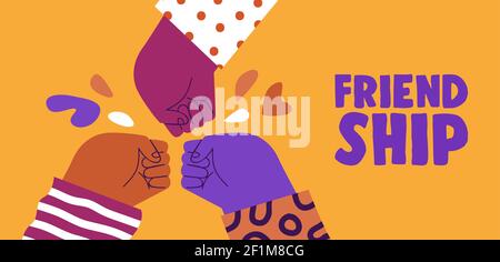 Happy Friendship Day web bannière illustration de coloré divers groupe d'amis faisant poing bump main geste. Conception de l'événement de vacances entre amis. Illustration de Vecteur