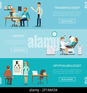 Examen médical bannières horizontales avec des patients visitant le traumatologue dentiste ophtalmologiste médecins pour le contrôle de santé et le vecteur de diagnostic Illustration de Vecteur