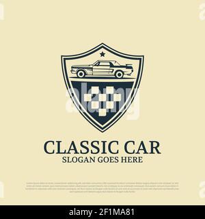 emblème de voiture classique de course, logo de voiture ancienne de service avec idée de vecteur haut de gamme de style rétro et rétro Illustration de Vecteur