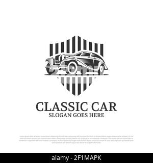 design vectoriel de logo de voiture classique, restauration de voiture d'époque et idée de design de club de voiture avec style vintage et rétro Illustration de Vecteur