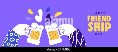 Happy Friendship Day bannière web illustration des mains d'un ami tenant le verre de bière. Les amis ont un motif de dessin animé pour célébrer les fêtes de la relation. Illustration de Vecteur