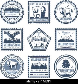 Ensemble de timbres du parc national d'époque avec inscriptions bisons ours puma illustration vectorielle isolée des paysages de l'aigle et de la nature Illustration de Vecteur