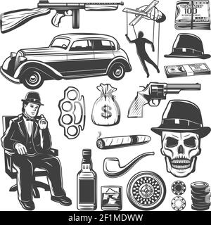 Collection vintage de gangster éléments avec don arme voiture argent marionnette pipe fumeur whisky cigare crâne chapeau roulette jetons isolés vecteur illu Illustration de Vecteur