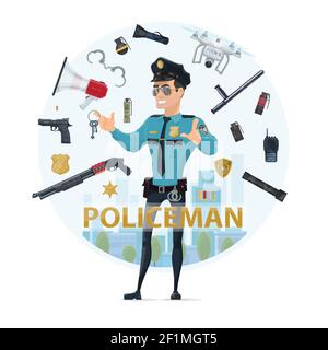 Les éléments de police autour de concept avec pistolet grenades à canon haut-parleur radio badges menottes lampes de poche quadricopter vecteur isolé illust Illustration de Vecteur