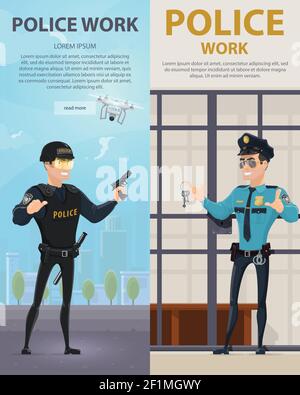 La police travaille des bannières verticales avec le policier près de la cellule de prison et officier des forces spéciales sur l'illustration de vecteur de rue Illustration de Vecteur