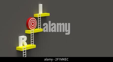 Être différent, efficace concept d'échelle d'escalade : rendu 3d en 2021 couleurs gris et jaune. Atteindre les objectifs. Cible ROI. Retour sur investissement Banque D'Images