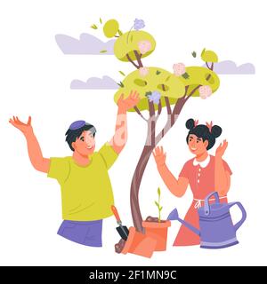 Les enfants plantent des arbres pour les vacances de printemps juives Tu Bichvat, illustration vectorielle plate sur fond blanc. Joyeux personnage de dessin animé pour enfants Illustration de Vecteur