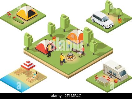 Isométriques camping territoire composition avec détente personnes bains de soleil tentes nourriture voiture de cuisine sac à dos remorque de voyage illustration vectorielle isolée Illustration de Vecteur