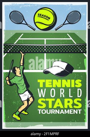 Affiche de championnat de tennis vintage colorée avec casquette de balle de raquettes servant illustration vectorielle vert sur terrain ouvert Illustration de Vecteur