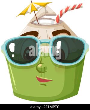 Adorable personnage de dessin animé de noix de coco portant des lunettes de soleil sur fond blanc Illustration de Vecteur