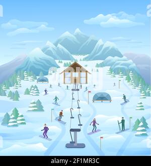 Modèle extérieur de vacances d'hiver avec ski surf des neiges personnes bâtiment de café funiculaire sur belle nature paysage illustration de vecteur Illustration de Vecteur