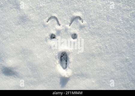 Le visage d'un smiley effrayé et choqué peint sur la neige, un jour d'hiver ensoleillé. Copier l'espace. Banque D'Images