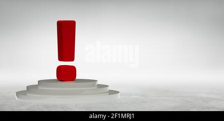 Scène studio géométrique avec formes de podium de scène ronde. Point d'exclamation rouge sur le socle de la salle d'exposition. Composition de plate-forme minimaliste. Graphique de rendu 3D Banque D'Images