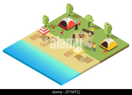 Modèle de camping isométrique et de randonnée avec des personnes relaxantes et des bains de soleil illustration vectorielle isolée sur une côte Illustration de Vecteur