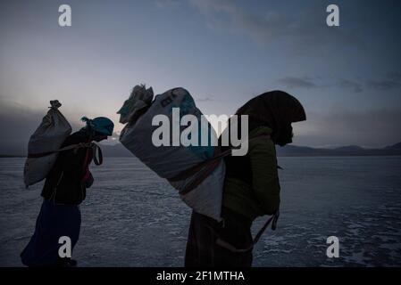 (210309) -- LHASSA, le 9 mars 2021 (Xinhua) -- les villageois se préparent à répandre des excréments de vache et des cendres de poêle pour faire un chemin sûr sur le lac gelé Puma Yumco, dans le sud-ouest de la Chine, région autonome du Tibet, le 6 mars 2021. Chaque année, au plus froid, au village de Dowa, à 5,070 mètres au-dessus du niveau de la mer, des milliers de moutons traversent l'eau gelée jusqu'aux îles du lac Puma Yumco, l'un des plus hauts lacs du monde. Les bergers passent généralement un mois avec les animaux sur les îles, où l'herbe pousse à la taille. Lorsque le printemps approche, les troupeaux de moutons seront ramenés à leur ancien habitat, en marchant acro Banque D'Images