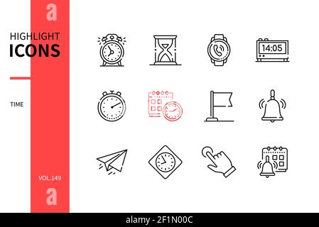Time concept - jeu d'icônes de style de conception de ligne moderne. Idée de planification d'entreprise et de gestion de flux de travail. Réveil, sablier, montre intelligente et électronique, Illustration de Vecteur