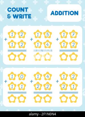 Page d'impression de la feuille de calcul mathématique. Ajout de deux chiffres. Méthode de colonne. Compter et écrire. Illustration de Vecteur