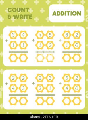 Page d'impression de la feuille de calcul mathématique. Ajout de deux chiffres. Méthode de colonne. Compter et écrire. Illustration de Vecteur