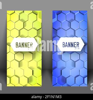 Bannières verticales géométriques scientifiques avec des hexagones 3D bleus et verts illustration vectorielle isolée de style mosaïque Illustration de Vecteur