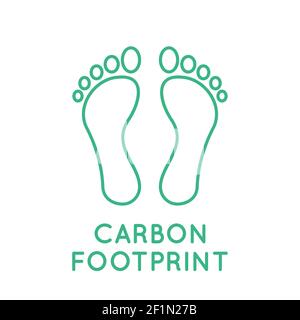 Icône de ligne d'empreinte carbone. Empreintes de CO2 vertes avec texte. Contour de deux pieds. Pollution par les gaz toxiques, concept de réchauffement de la planète. Dommages environnementaux. Illustration de Vecteur