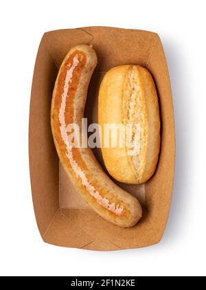 Saucisse allemande et petit pain sur blanc Banque D'Images