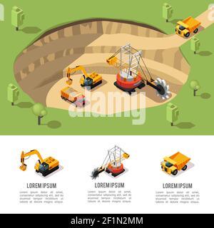 Composition d'extraction de charbon isométrique colorée avec pelle pour carrières lourde illustration du vecteur isolé du chariot travaillant dans une zone minière Illustration de Vecteur