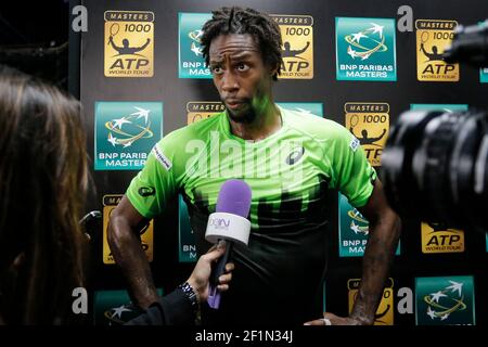 Gael MONFILS (FRA) s'entretient avec les médias après avoir perdu son match contre Novak DJOKOVIC (SRB) lors du BNP Paribas Masters Indoor 2014, au Palais Omnisports de Paris-Bercy, à Paris, France, jour 4, octobre 30, 2014. Photo Stephane Allaman / DPPI Banque D'Images