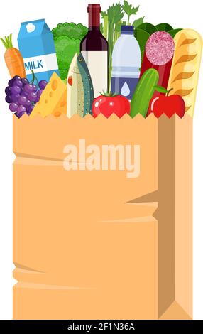 Sac à provisions en papier plein de produits d'épicerie. Illustration de Vecteur