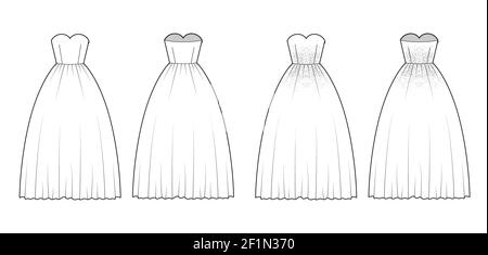 Ensemble de robes en crinoline illustration technique de la mode avec encolure en forme de coeur sans bretelles, longue, jupe complète, motif ornement. Modèle plat avant, arrière, blanc. Maquette CAD pour femmes et hommes Illustration de Vecteur