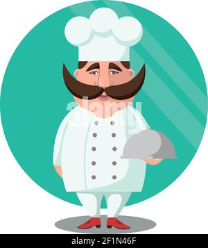 Illustration vectorielle plate d'une cuisinière à chef avec une moustache dans une robe blanche avec un plat. logo de cuisinière à chef. Illustration de Vecteur