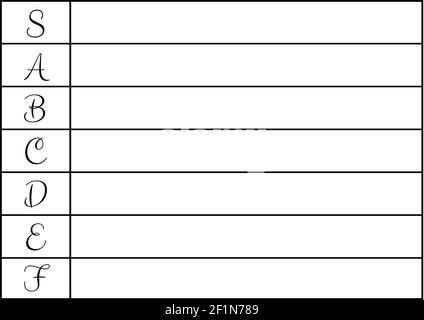 Lettres de l'alphabet au-dessus du tableau des scores avec des lignes noires arrière-plan blanc Banque D'Images