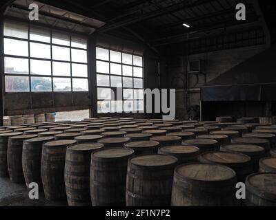 Écosse, Speyside Cooperage à Craigellachie . Vider les fûts de chêne au Speyside Cooperage. Banque D'Images