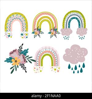 Ensemble arc-en-ciel avec fleurs. Illustrations vectorielles dessinées à la main. Illustration de Vecteur