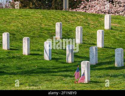 Arlington, Virginia, Etats-Unis, avril 2018 : pierres à tête du cimetière national d'Arlington avec drapeau américain sur chacune Banque D'Images