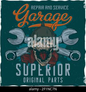 Garage maîtres t-shirt design étiquette avec illustraton de crâne à le casque avec une clé sur un arrière-plan Illustration de Vecteur