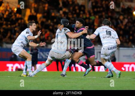 Etienne DUSSARTRE (Centre Racing Metro 92), Hugu PYLE (Stade Francais Paris), Johannes GOOSEN (Arriere Racing Metro 92), Juandre KRUGER (Deuxieme ligne Racing Metro 92) lors du match de rugby de championnat français Top 14 entre Racing Metro 92 et Stade Français le 23 octobre, 2015 au stade Yves du Manoir à Colombes, France. Photo Stephane Allaman / DPPI Banque D'Images