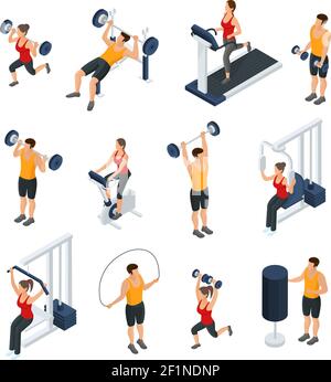 Personnes isométriques dans la collection de gym avec les hommes et les femmes faisant différents exercices physiques illustration vectorielle isolée Illustration de Vecteur