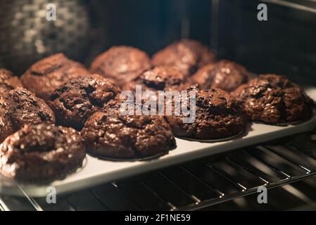 Muffins au chocolat dans un four moderne Banque D'Images