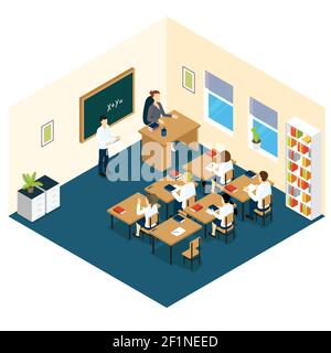 École salle de classe conception isométrique avec les enfants enseignants à leur bureau et l'illustration du vecteur boy near blackboard Illustration de Vecteur