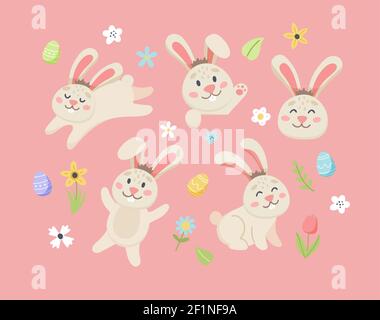 Ensemble lapin de Pâques avec fleurs et œufs mignons. Éléments de dessin animé plats dessinés à la main. Illustration vectorielle Illustration de Vecteur