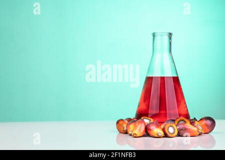 Huile de palme et fruits de couleur rouge non raffinés avec bol laboratoire Banque D'Images