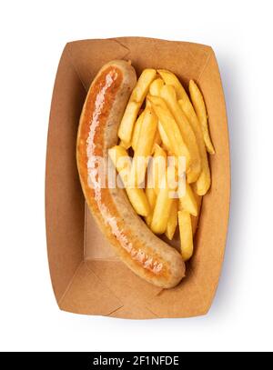 Saucisse allemande et frites de pommes de terre sur blanc Banque D'Images