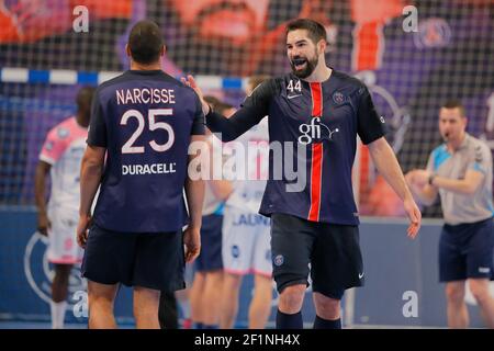 Daniel Narcisse (PSG Hanball), Nikola Karabatic (PSG Hanball) lors du championnat de France Pro D1 2015-2016 match entre Paris Saint Germain (PSG) Handball et Cesson Rennes au Stade Pierre de Coubertin à Paris, France, le 2 décembre 2015 - photo Stephane Allaman / DPPI Banque D'Images