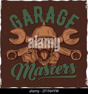 Garage maîtres t-shirt design étiquette avec illustraton de crâne à le casque avec une clé sur un arrière-plan Illustration de Vecteur