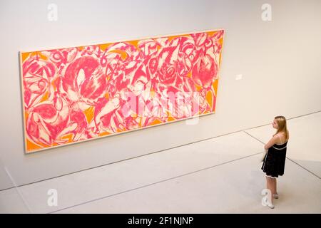 Une femme regarde de plus près un tableau dans l'exposition Lee Krasner:Living Color exposée au Barbican Center de Londres. L'artiste féminin était une figure clé de l'art américain et une pionnière de l'Impressionnisme abstrait. C'est la première grande exposition de son travail depuis plus de 50 ans et raconte l'histoire d'un artiste formidable, dont l'importance a trop souvent été éclipsée par son mariage à Jackson Pollock. Le crédit photo devrait se lire comme suit : Katie Collins/EMPICS/Alay Banque D'Images