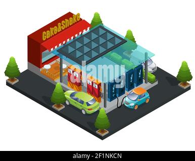 Modèle de station de charge et de gaz isométrique avec carburant pour voiture de café illustration vectorielle isolée des processus de recharge et de charge automobile électrique Illustration de Vecteur