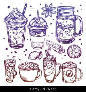 Boissons chaudes d'hiver Icon Set isolé avec différents types de cocktails pour tous les goûts et toutes les illustrations vectorielles de décoration Illustration de Vecteur