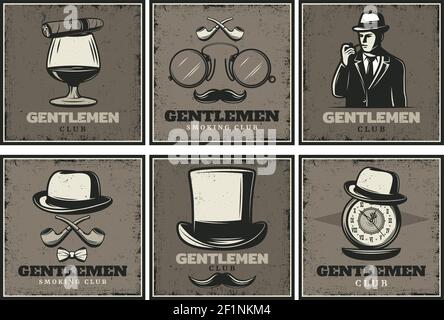 Brochures vintage gentleman club avec homme whiskey cigare lunettes fumeurs pipe chapeaux moustache horloges illustration vectorielle isolée Illustration de Vecteur