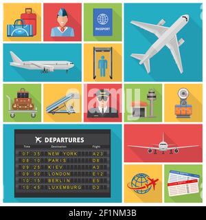 Icônes plates décoratives de l'aéroport avec pilote horaire de départ des avions étiqueter les bagages Illustration de Vecteur